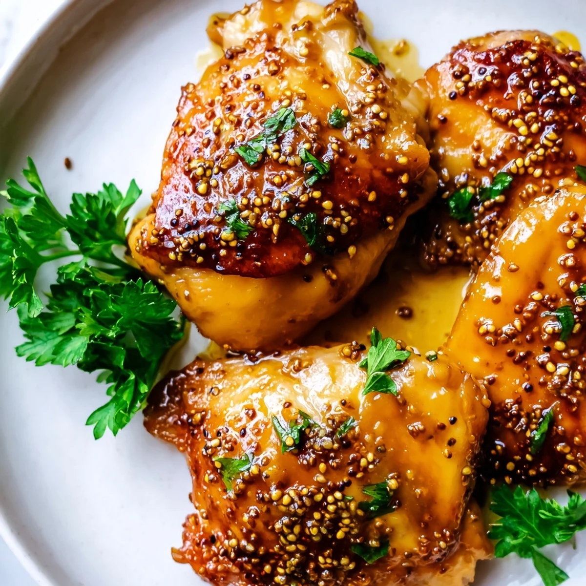 Crispy skinned baked honey mustard chicken resting in a rich creamy honey mustard sauce pan