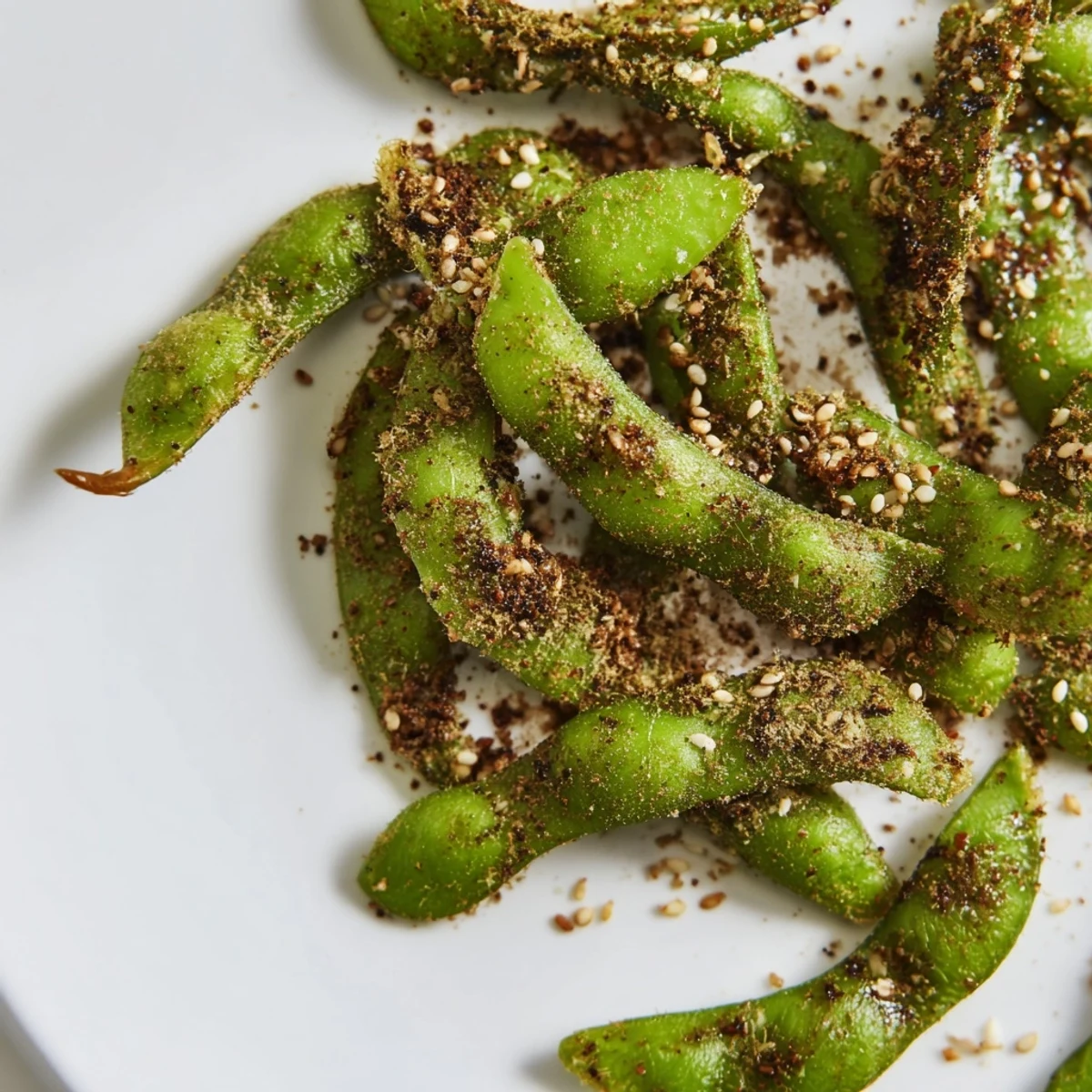 Golden air fryer edamame pods sprinkled with sea salt and sesame seeds in a white serving bowl