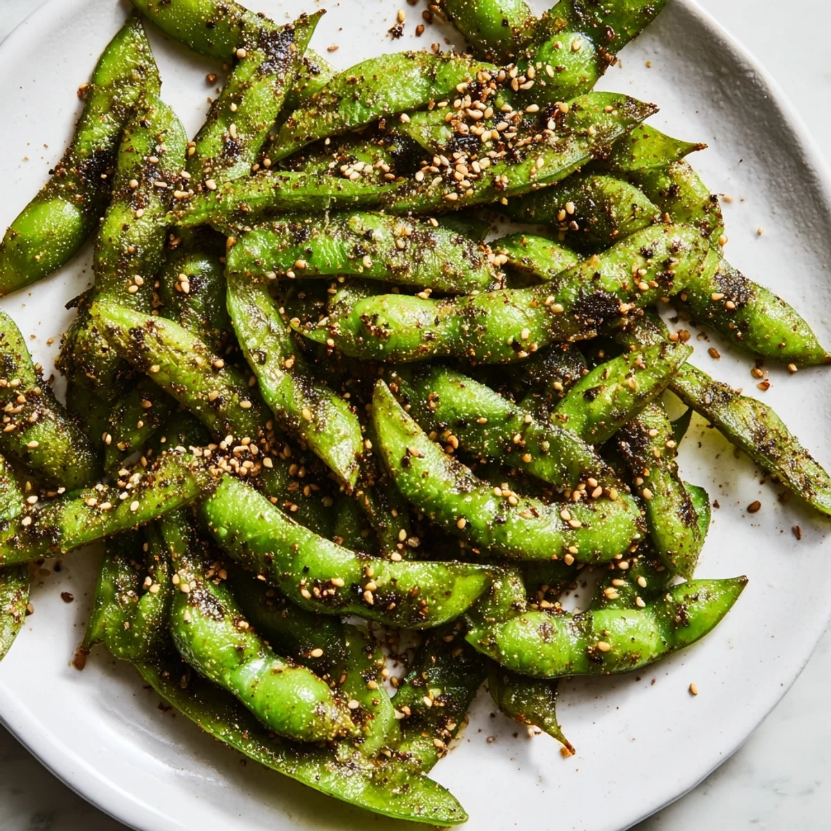Crispy seasoned edamame beans garnished with chili flakes on a rustic wooden board after air frying
