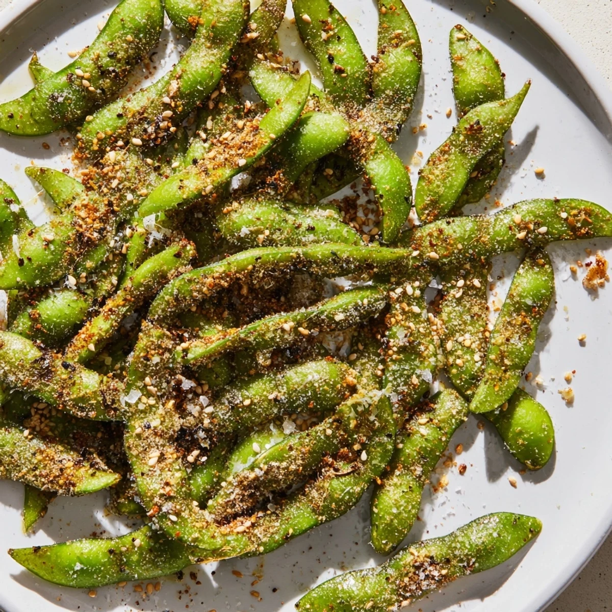 Lightly charred edamame pods tossed with garlic powder and smoked paprika ready for healthy snacking