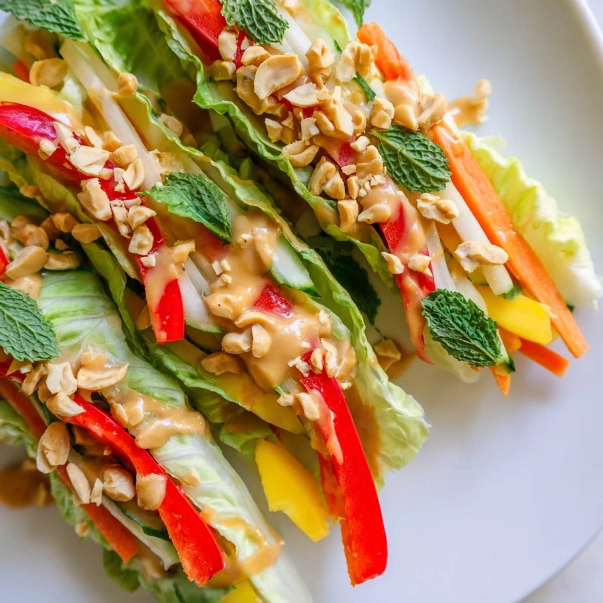 Fresh Thai mango cabbage wraps filled with colorful vegetables and drizzled with creamy peanut sauce