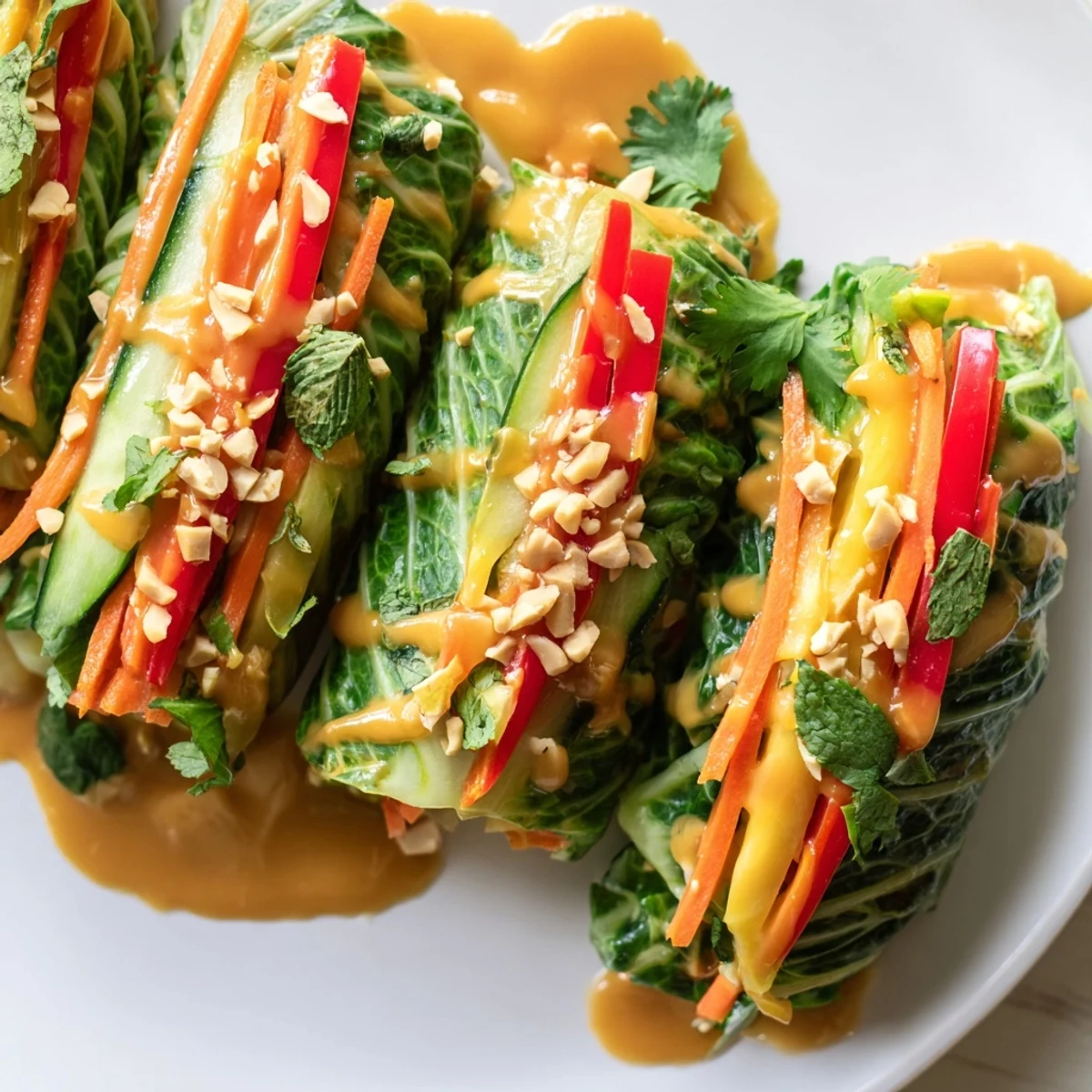 Vibrant Thai mango cabbage wraps featuring crisp vegetables and sweet mango strips with tangy dressing