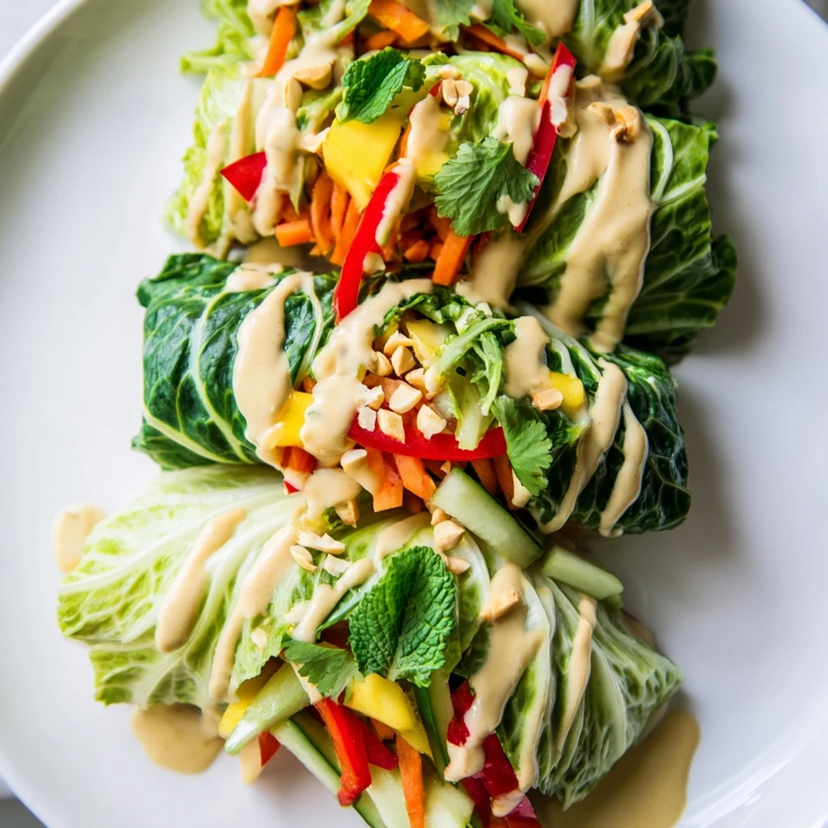 Handheld Thai mango cabbage wraps showcasing rainbow vegetables topped with rich peanut sauce and crushed peanuts