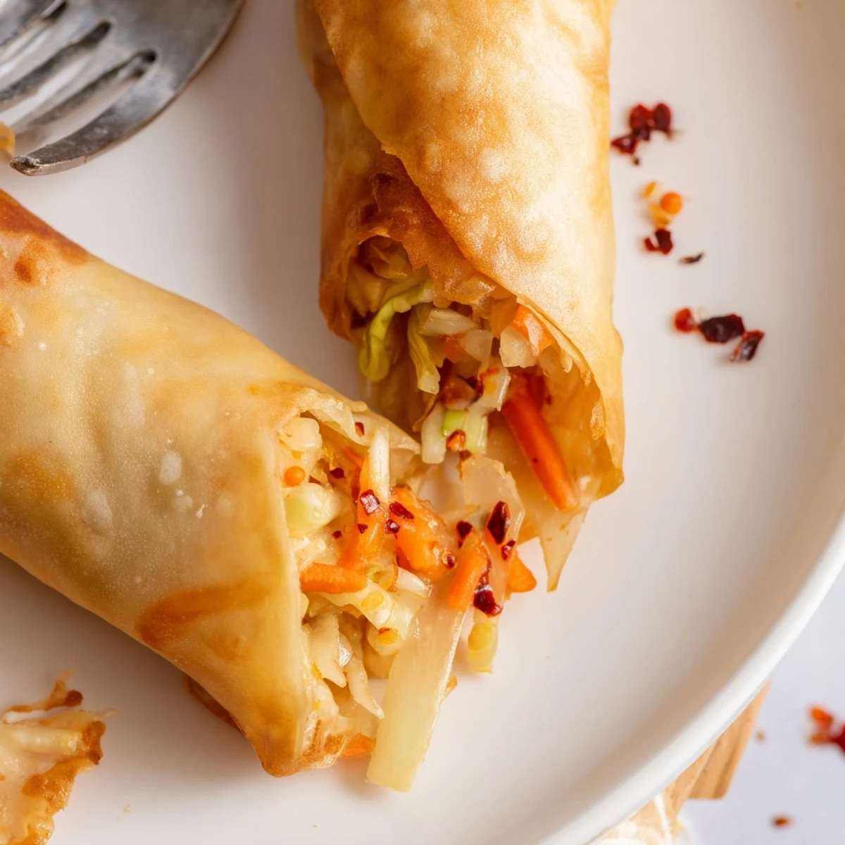Vegetable stuffed air fryer spring rolls arranged on white plate with tangy chili dipping sauce
