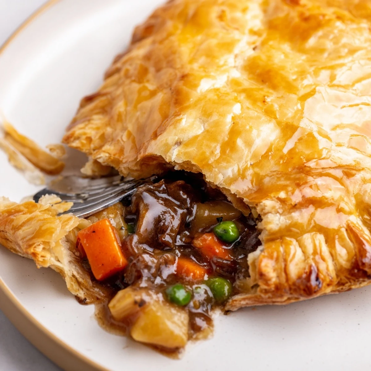 Crispy baked pastry pockets stuffed with tender beef chunks in dark stout gravy