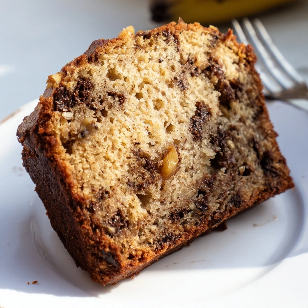 Golden super moist chocolate chip banana bread loaf with melted chocolate spots on a rustic wooden board
