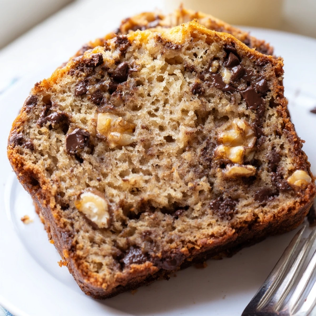 Thick slice of chocolate chip banana bread revealing generous chocolate chunks and moist tender crumb texture