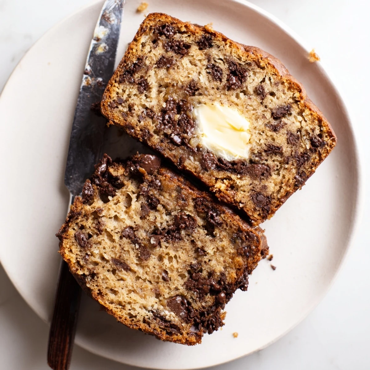 Golden chocolate chip banana bread loaf with melted chocolate chunks on top