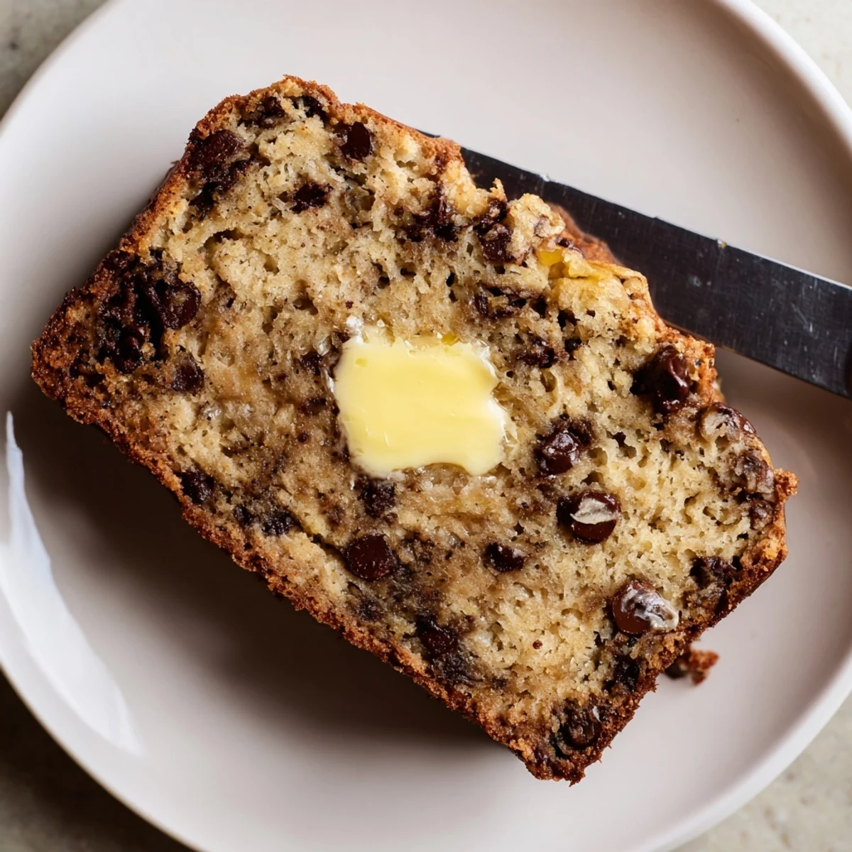 Moist banana bread slice studded with semi-sweet chocolate chips on a white plate