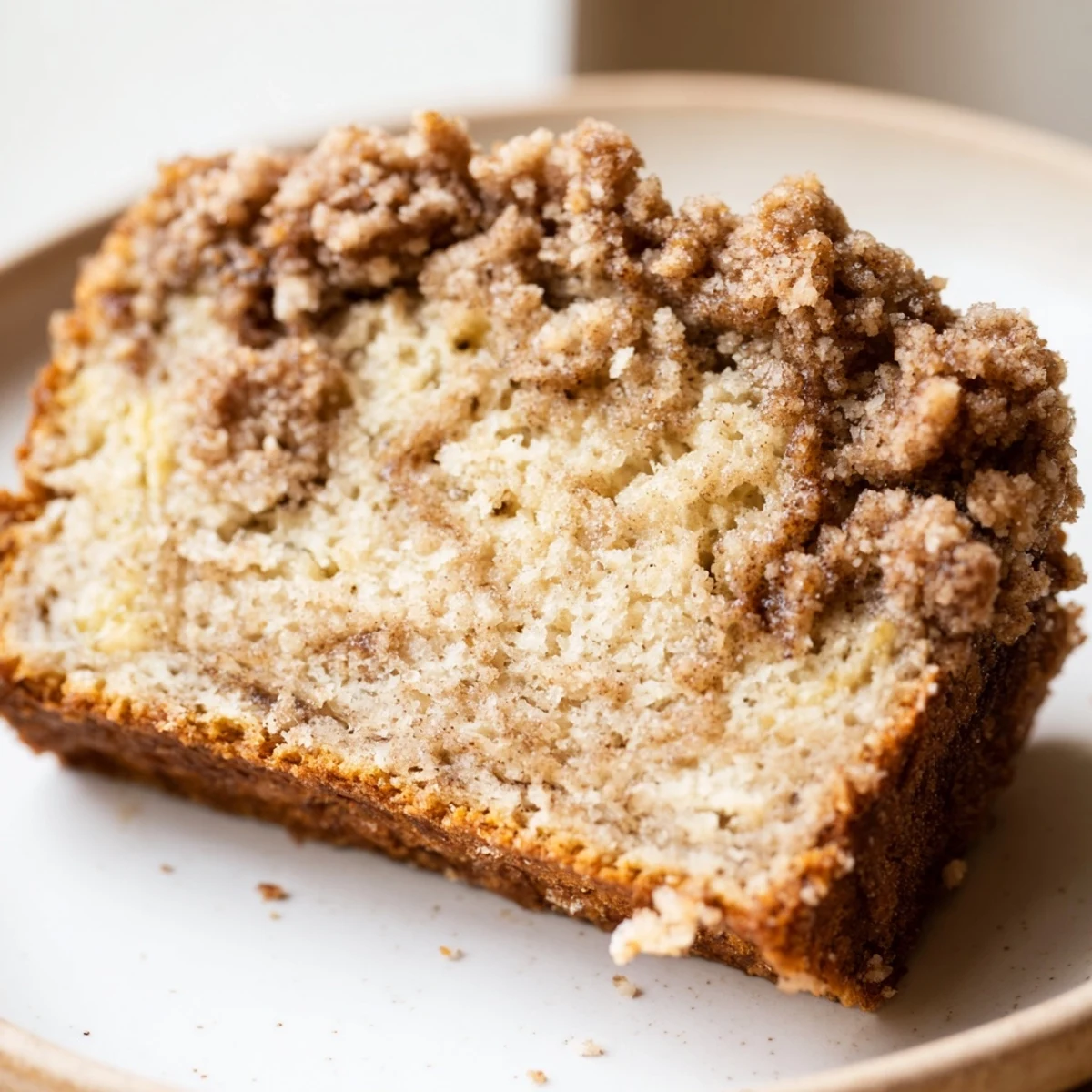 Golden cinnamon crumb banana bread loaf topped with crunchy brown sugar spiced crumbs