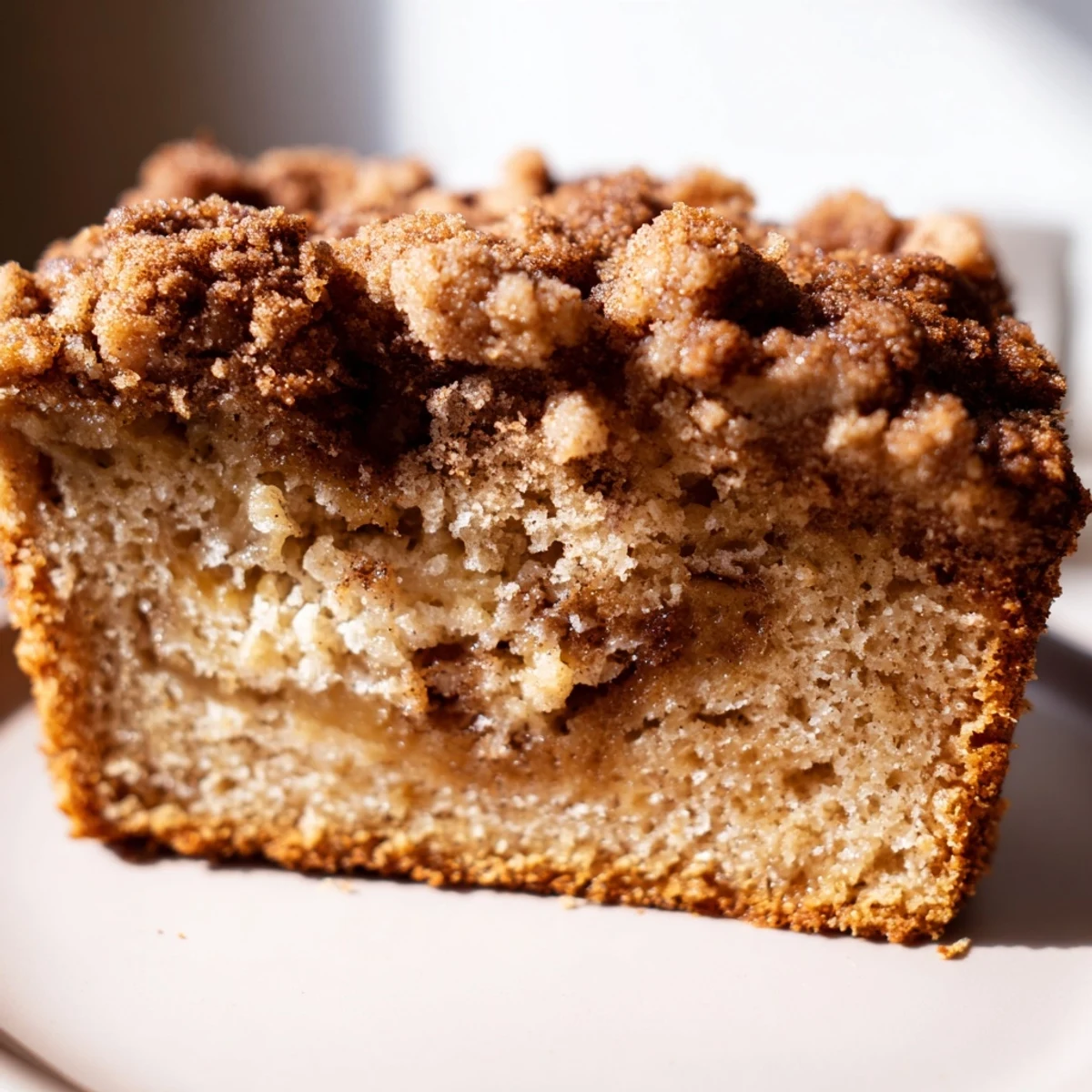 Warm slice of cinnamon crumb banana bread served on a white plate for breakfast