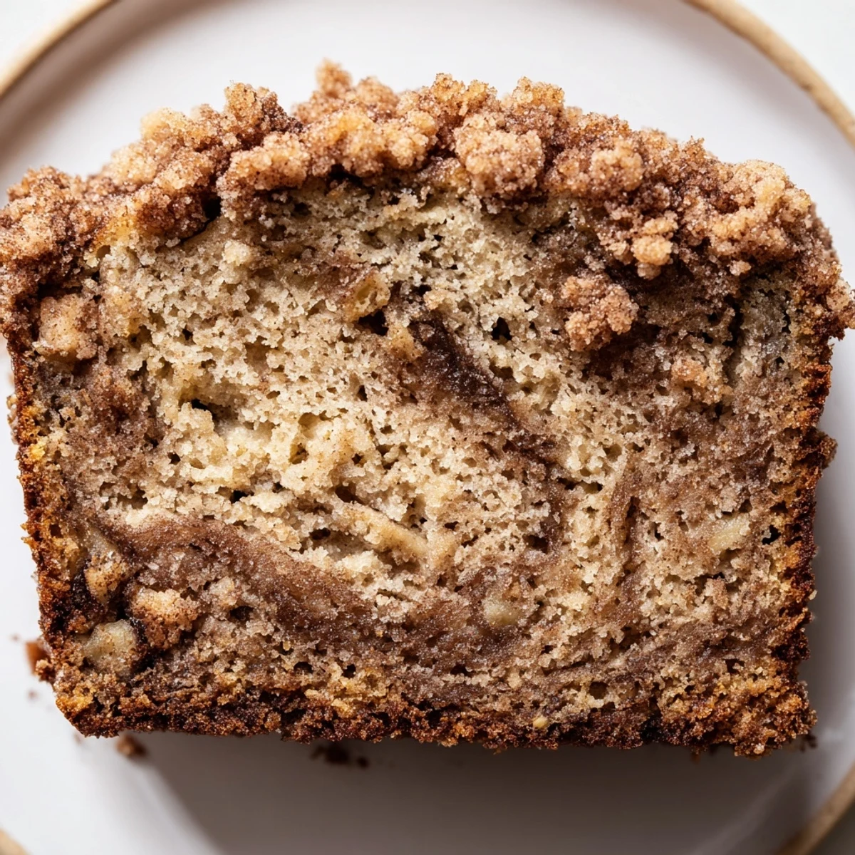 Freshly baked cinnamon crumb banana bread with buttery streusel topping on a wooden cutting board