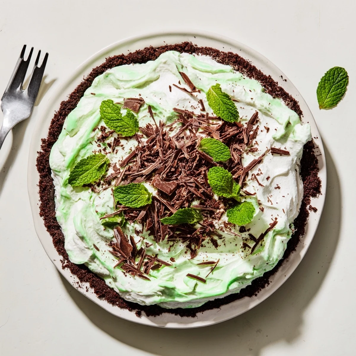 Creamy mint Shamrock Swirl Pie with green marbled pattern on chocolate cookie crust