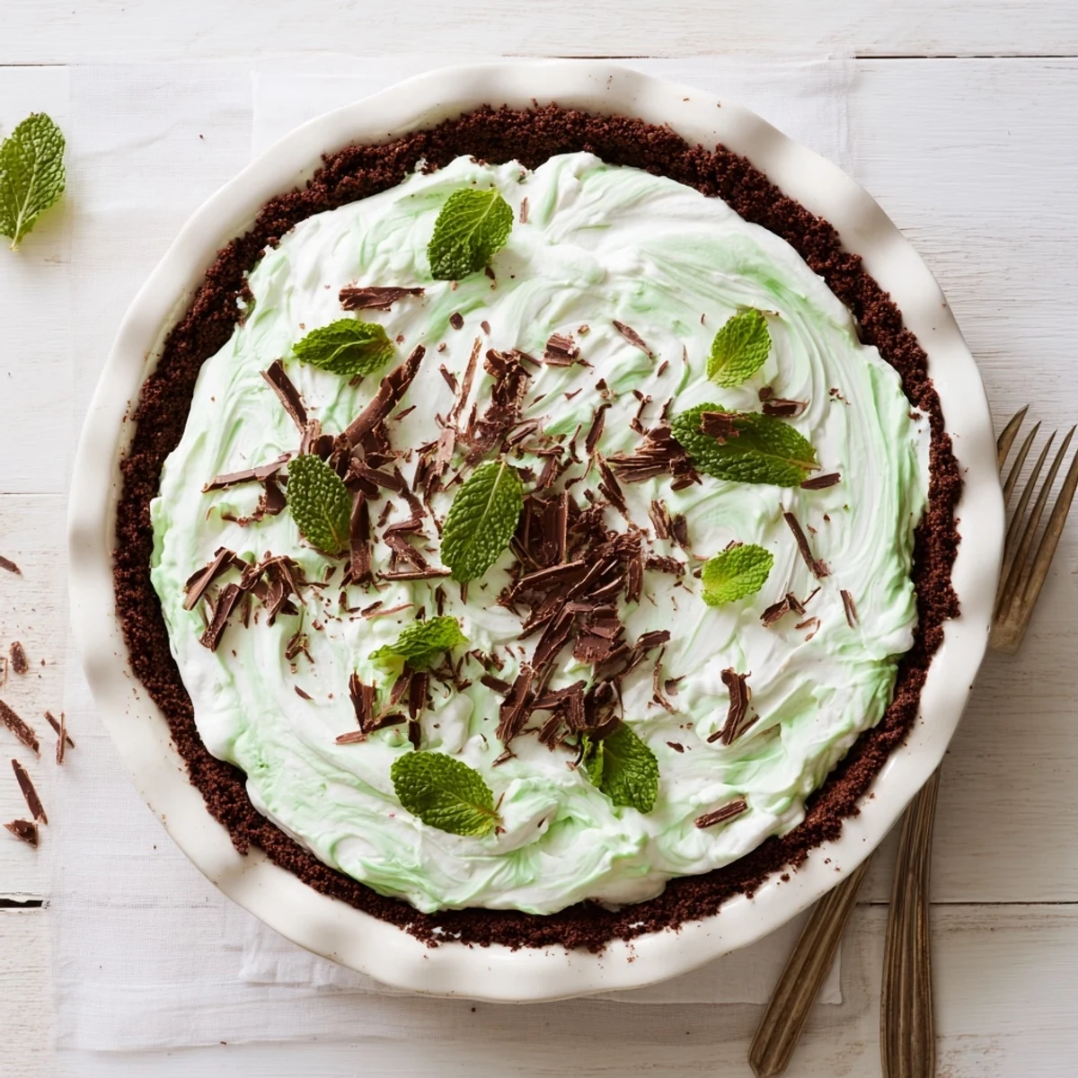 Slice of Shamrock Swirl Pie topped with whipped cream swirls and chocolate shavings