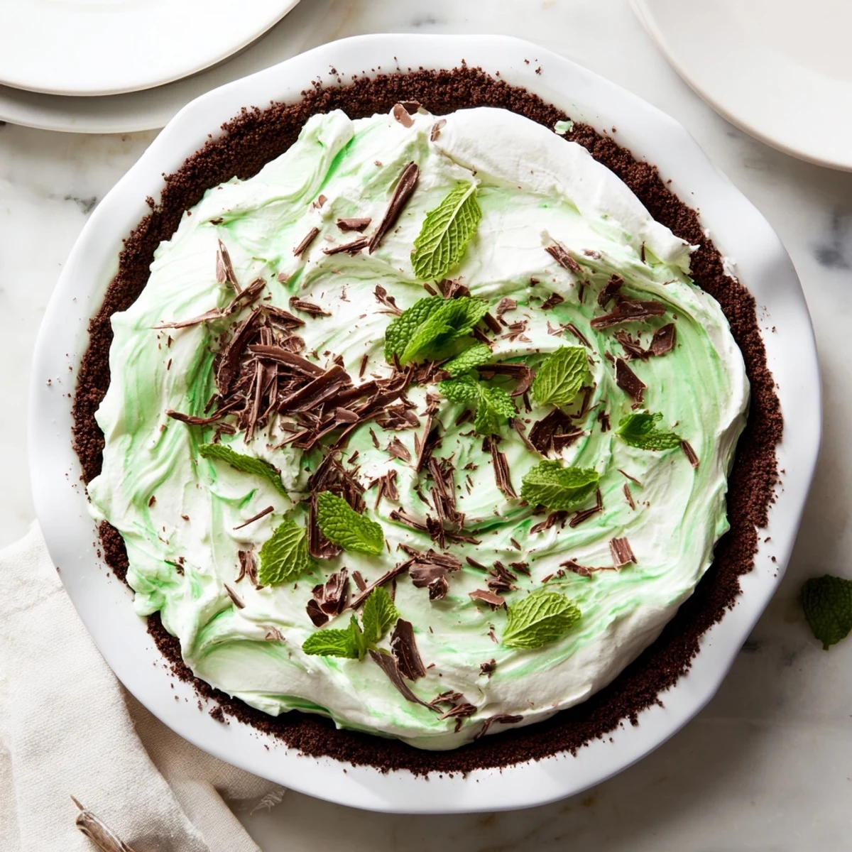 Festive green and white Shamrock Swirl Pie in a chocolate crumb crust