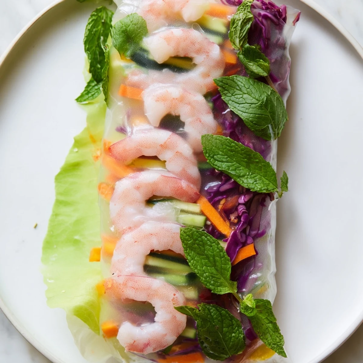 Fresh Thai shrimp rolls with peanut sauce featuring pink shrimp, crisp vegetables, and herbs in translucent rice paper