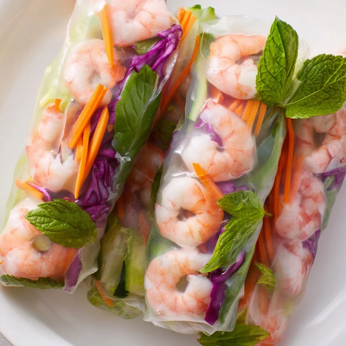 Golden pink Thai shrimp rolls with peanut sauce dipping bowl, surrounded by fresh mint, cilantro, and shredded red cabbage