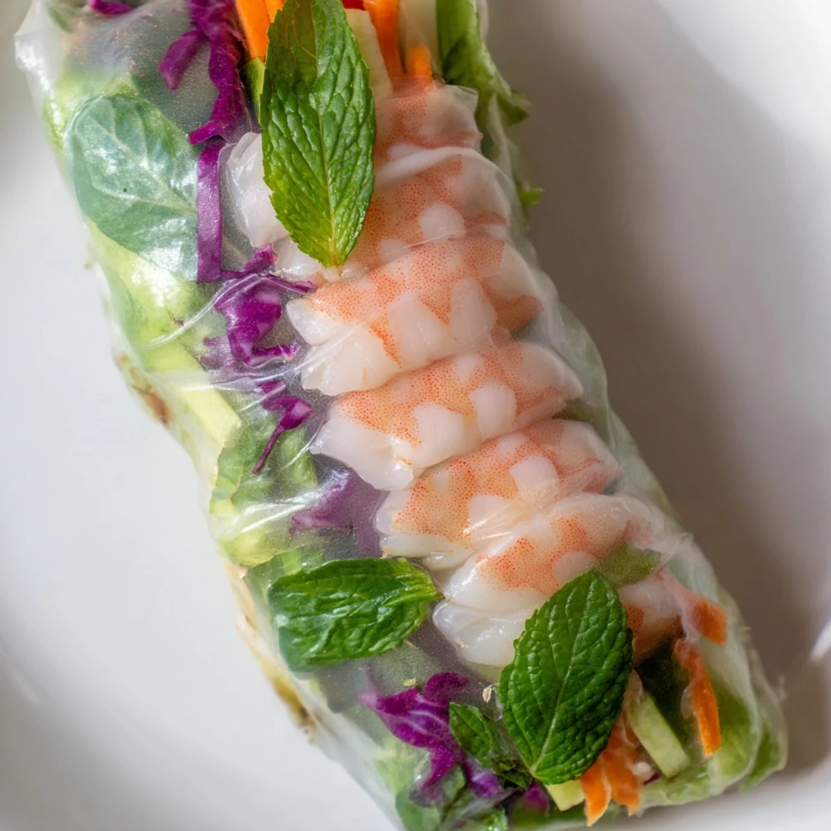Thai shrimp rolls with peanut sauce arranged on a platter with colorful julienned carrots and cucumber visible through wrapper