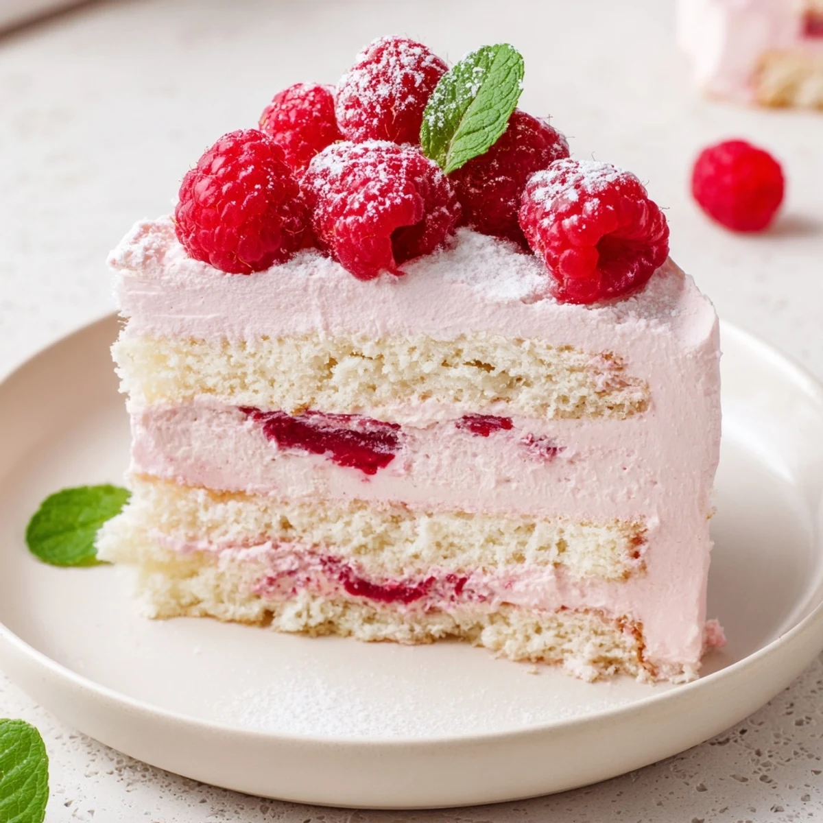 Elegant raspberry mousse cake featuring fluffy almond sponge layers topped with fresh red berries
