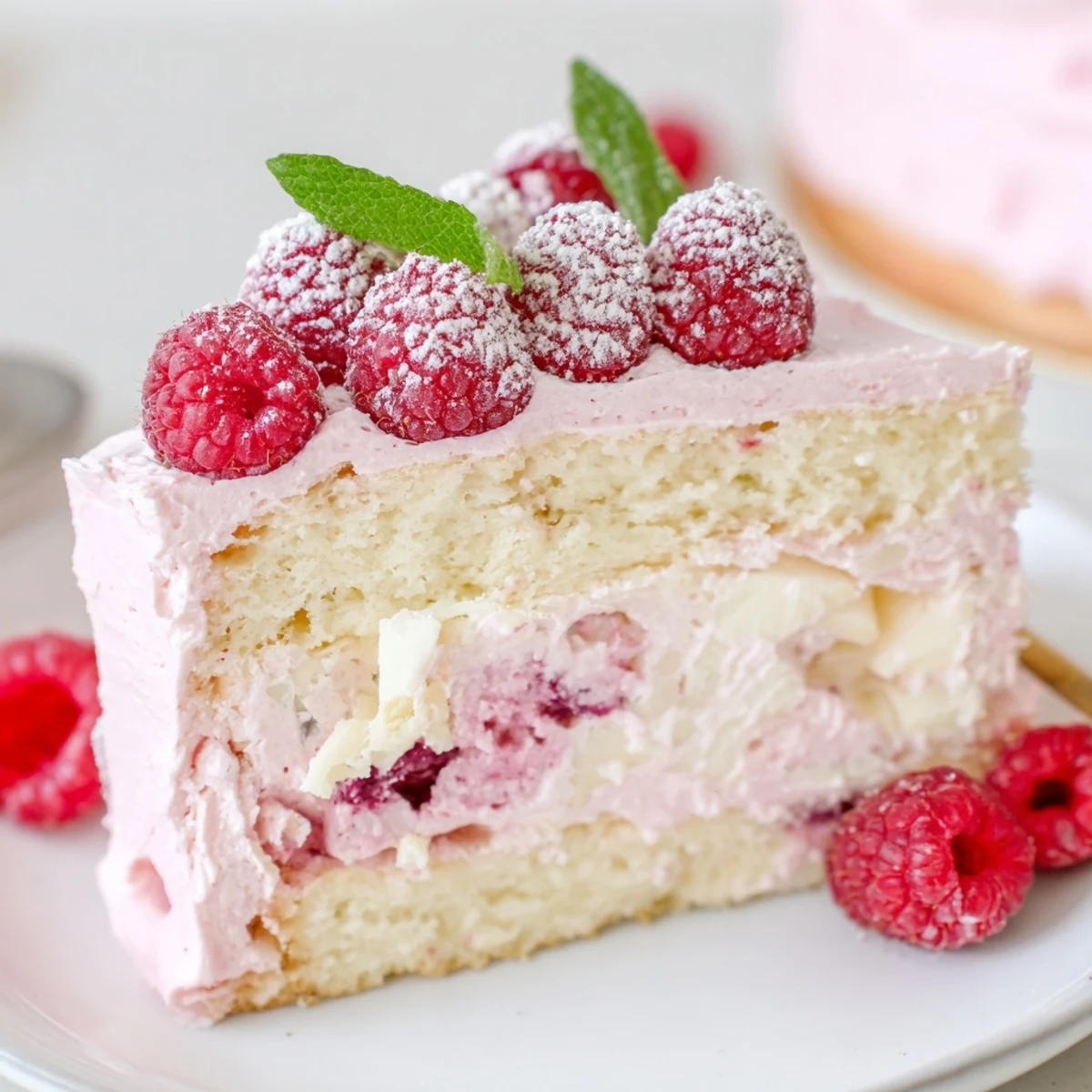 Creamy raspberry mousse cake with light almond sponge base garnished with vibrant fresh raspberries