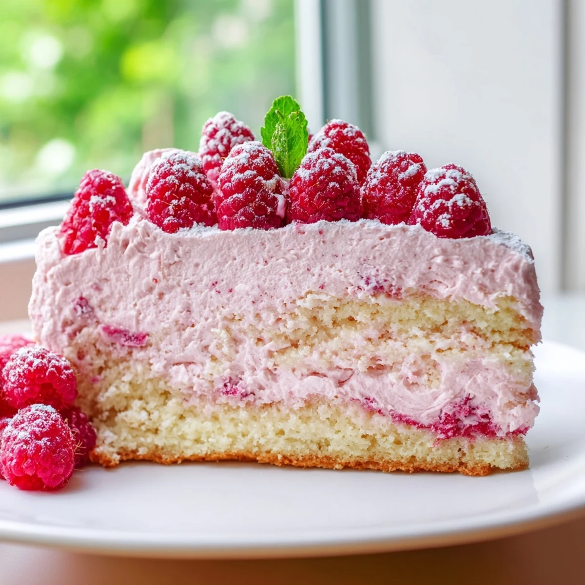 French-style raspberry mousse cake showing pink creamy filling over golden almond sponge layers