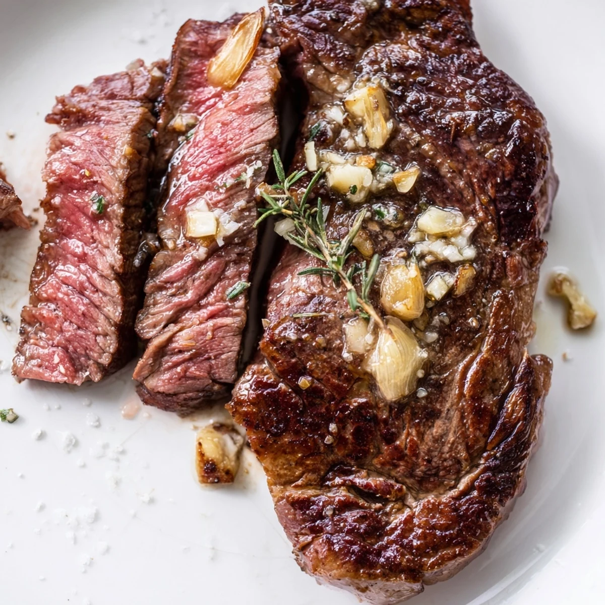 Perfectly seared garlic butter cast iron ribeye steak with golden brown crust and fresh herb garnish