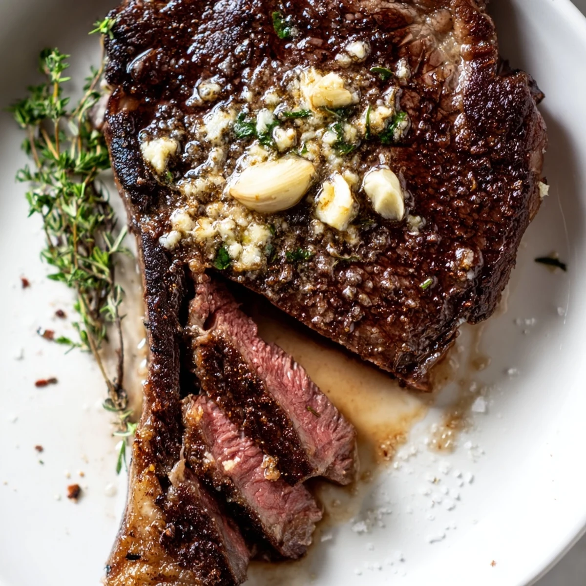 Juicy ribeye steak sizzling in cast iron skillet with melted garlic butter and aromatic thyme sprigs