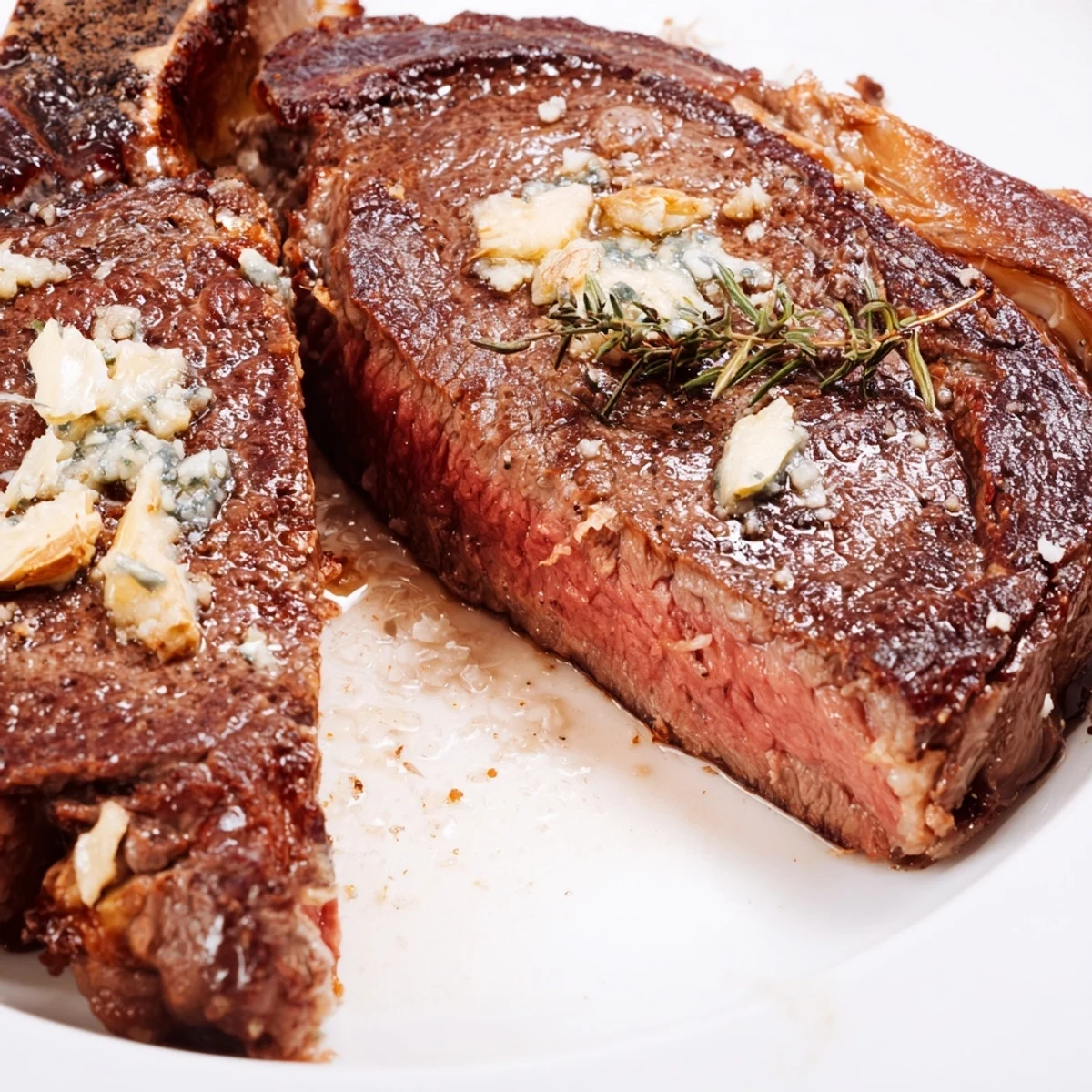 Sliced cast iron ribeye steak drizzled with savory garlic butter sauce and finished with flaky sea salt