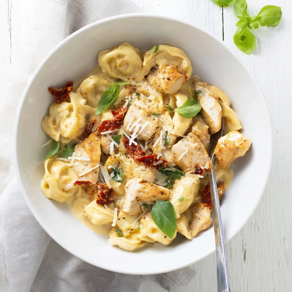 Creamy Marry Me Chicken Tortellini Skillet with sun-dried tomatoes and melted parmesan cheese