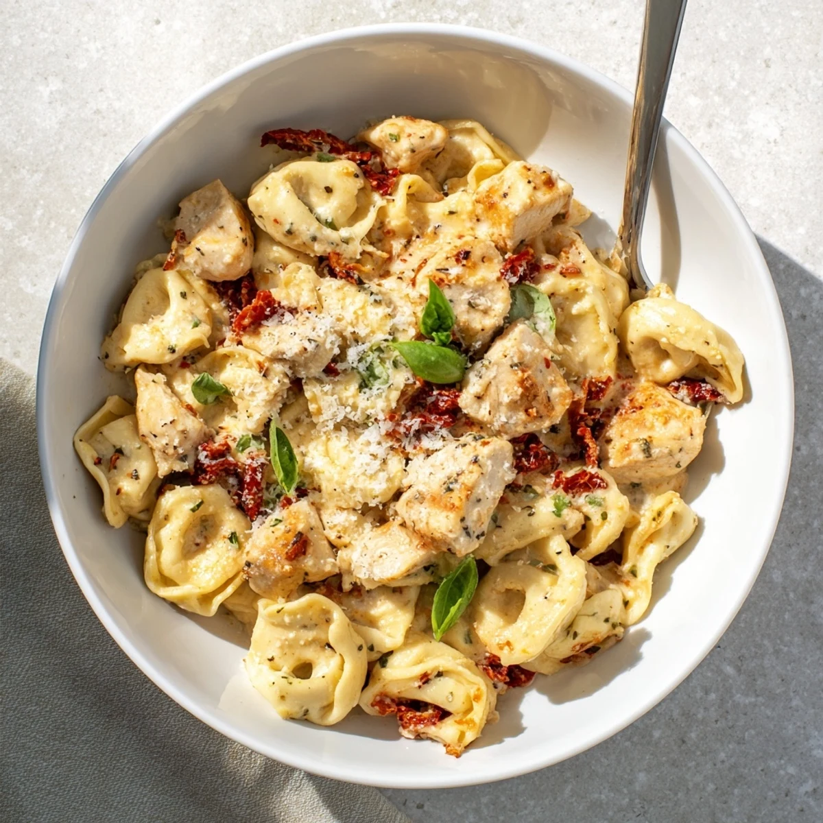 Golden chicken pieces and cheese tortellini simmering in a rich Italian cream sauce