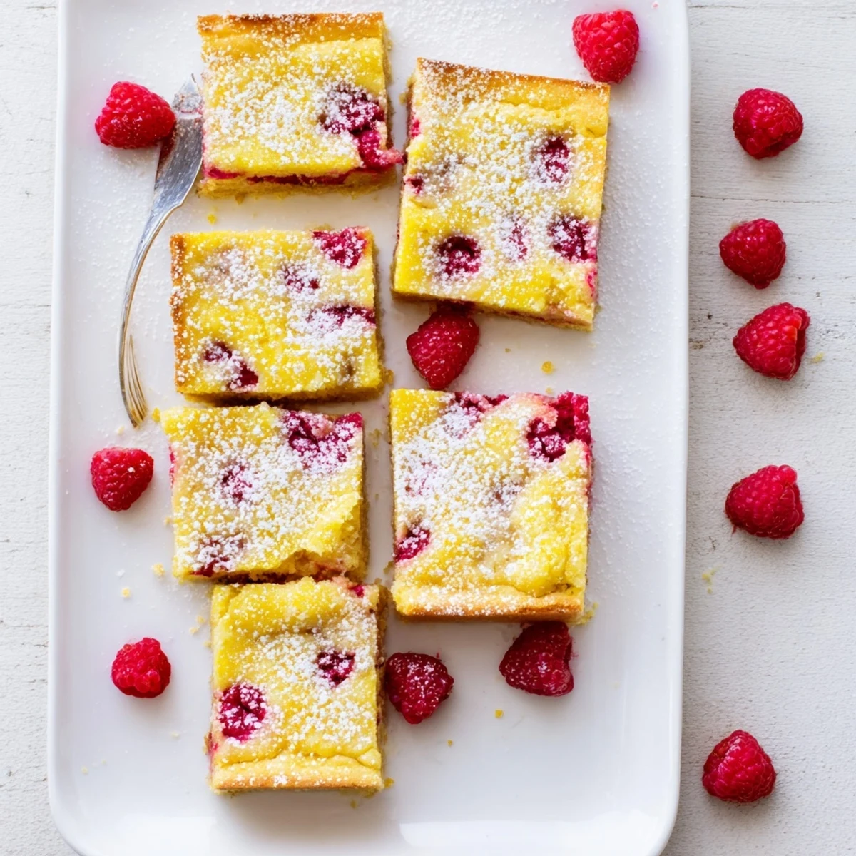 Golden Raspberry Lemonade Bars with buttery shortbread crust topped with vibrant red berry swirls