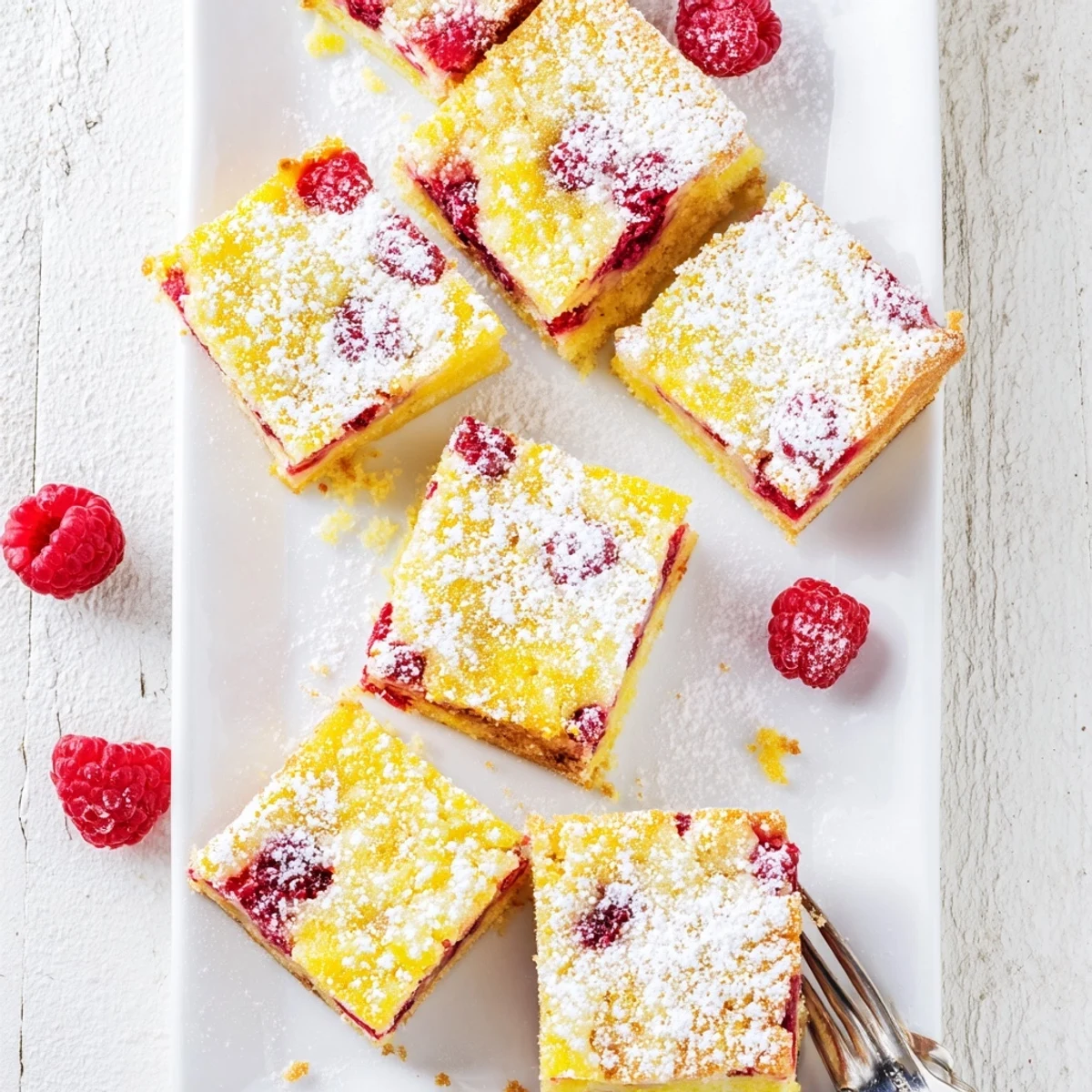 Fresh Raspberry Lemonade Bars sliced into squares dusted with powdered sugar on a white plate