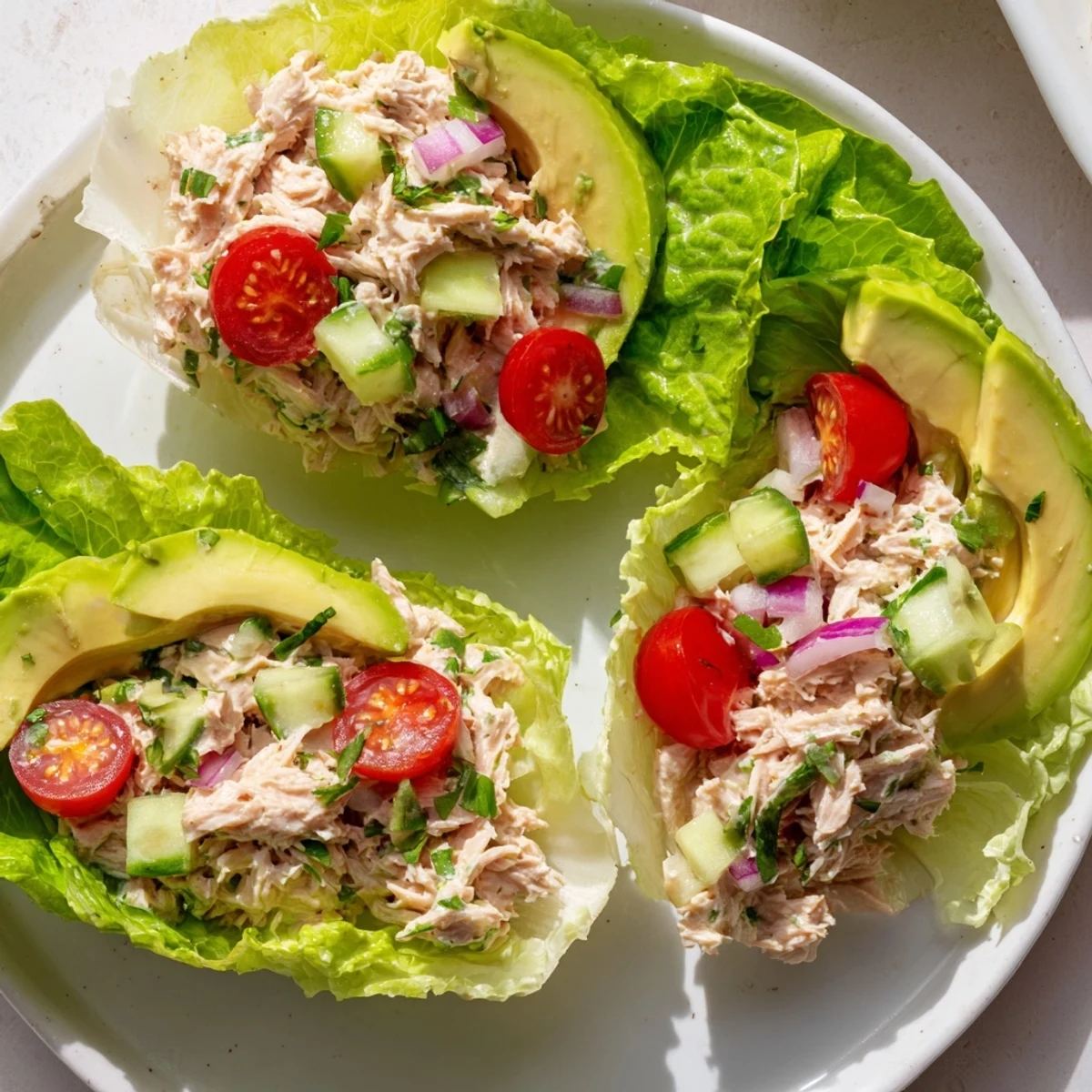 Crisp lettuce cups loaded with creamy zesty tuna salad and fresh colorful vegetables