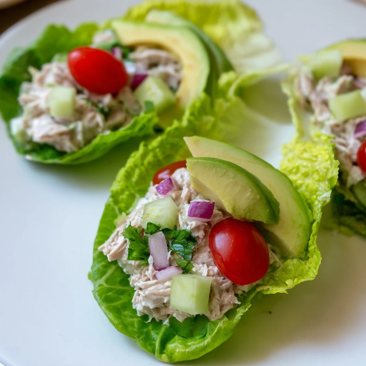 Protein-rich tuna salad nestled in butter lettuce leaves with crisp diced vegetables