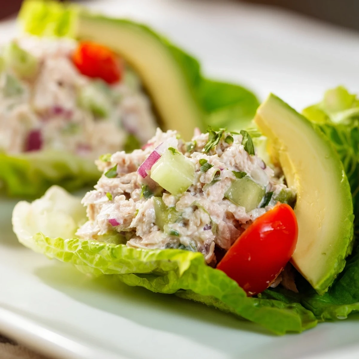 Tuna salad lettuce wraps topped with avocado slices and juicy cherry tomato halves