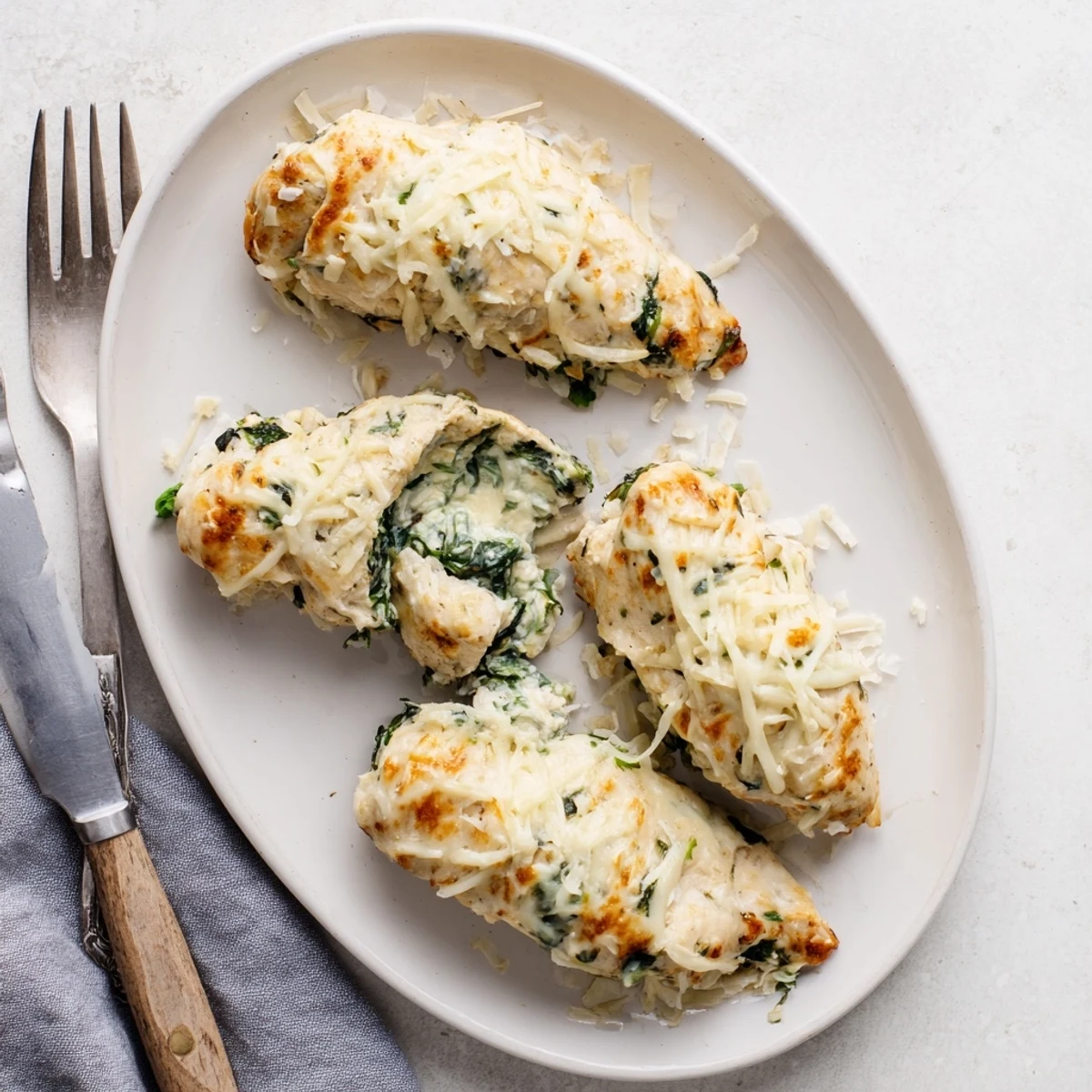 Golden baked spinach ricotta chicken breasts bubbling with melted mozzarella cheese on a white plate