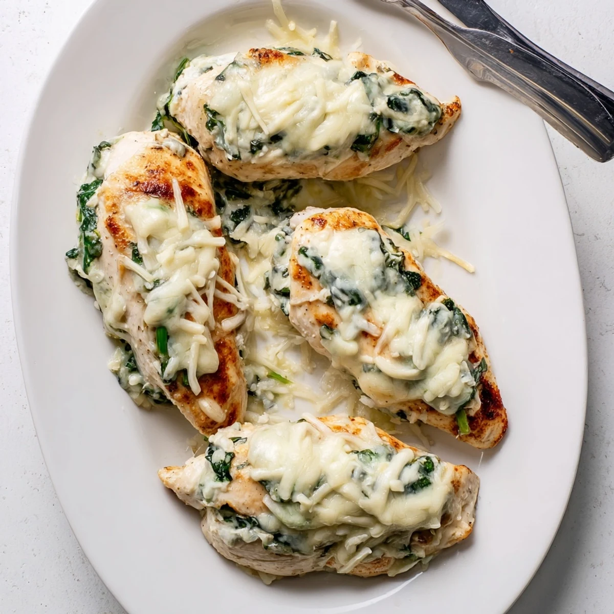 Tender stuffed chicken breast sliced open to reveal creamy green spinach ricotta filling center