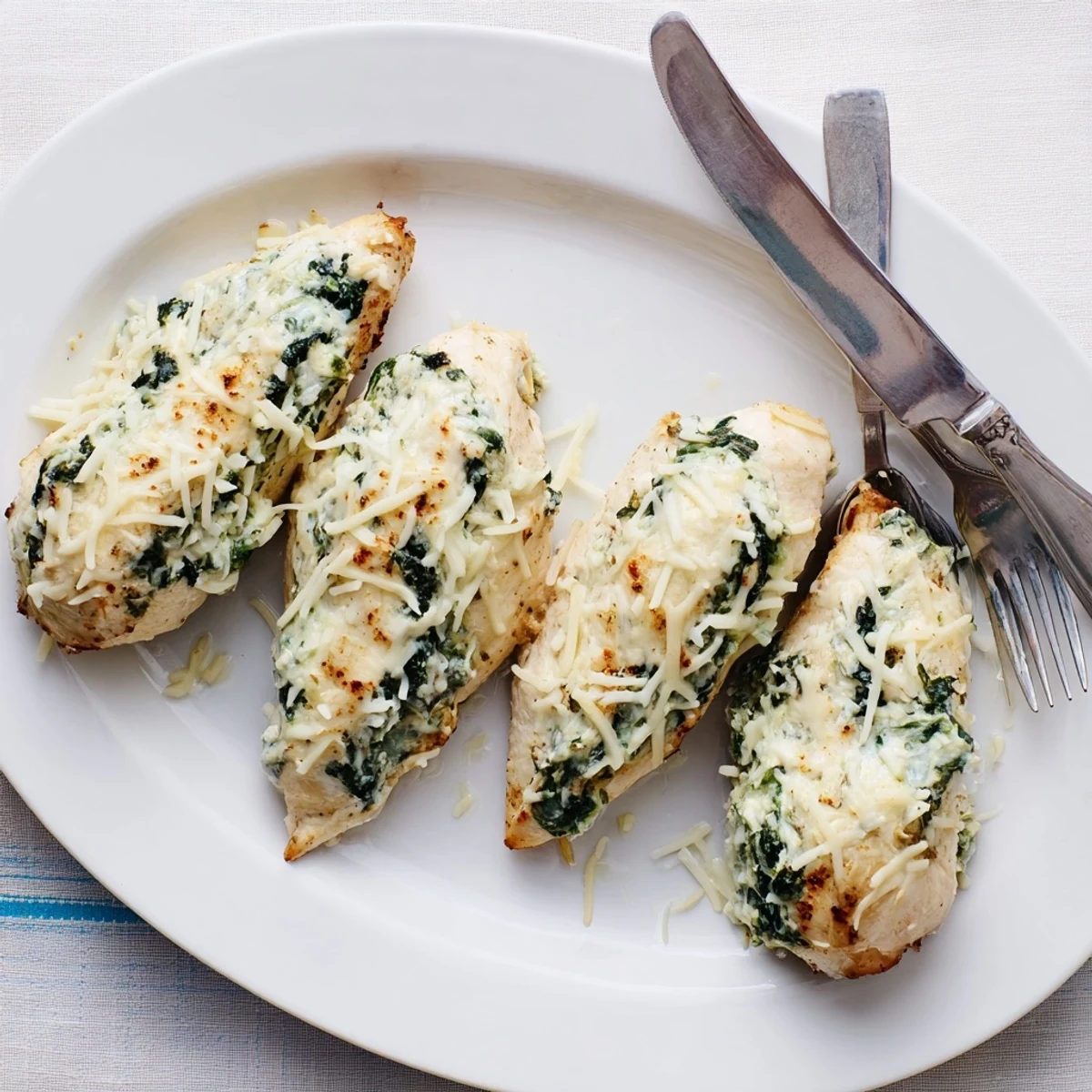 Juicy baked chicken topped with browned Parmesan and mozzarella alongside fresh herb garnish