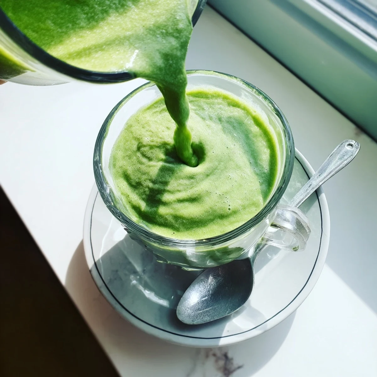 Thick protein-packed Greek yogurt smoothie poured into tall glass with ice cubes