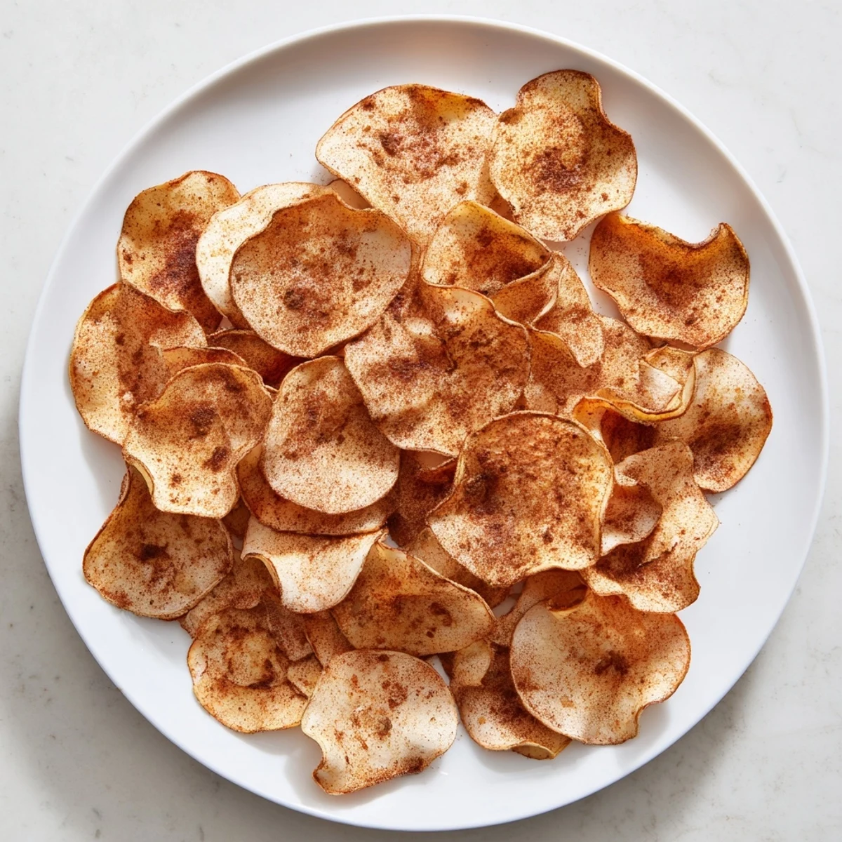 Golden brown crispy air fryer apple chips with cinnamon arranged on white plate