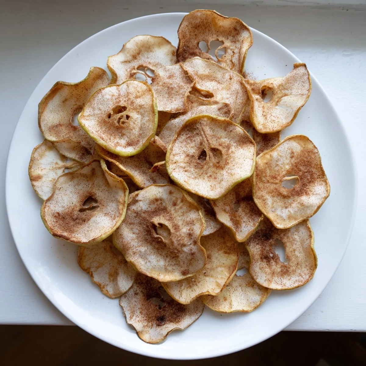 Stack of crispy apple chips sprinkled with warm cinnamon after air frying