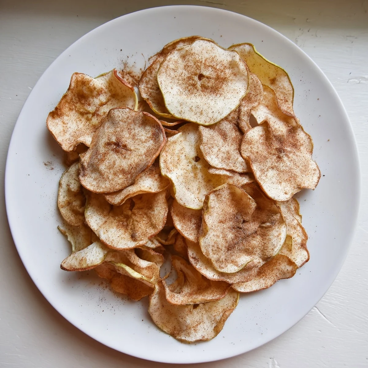 Thinly sliced cinnamon-dusted apple chips air fried until perfectly crunchy and golden
