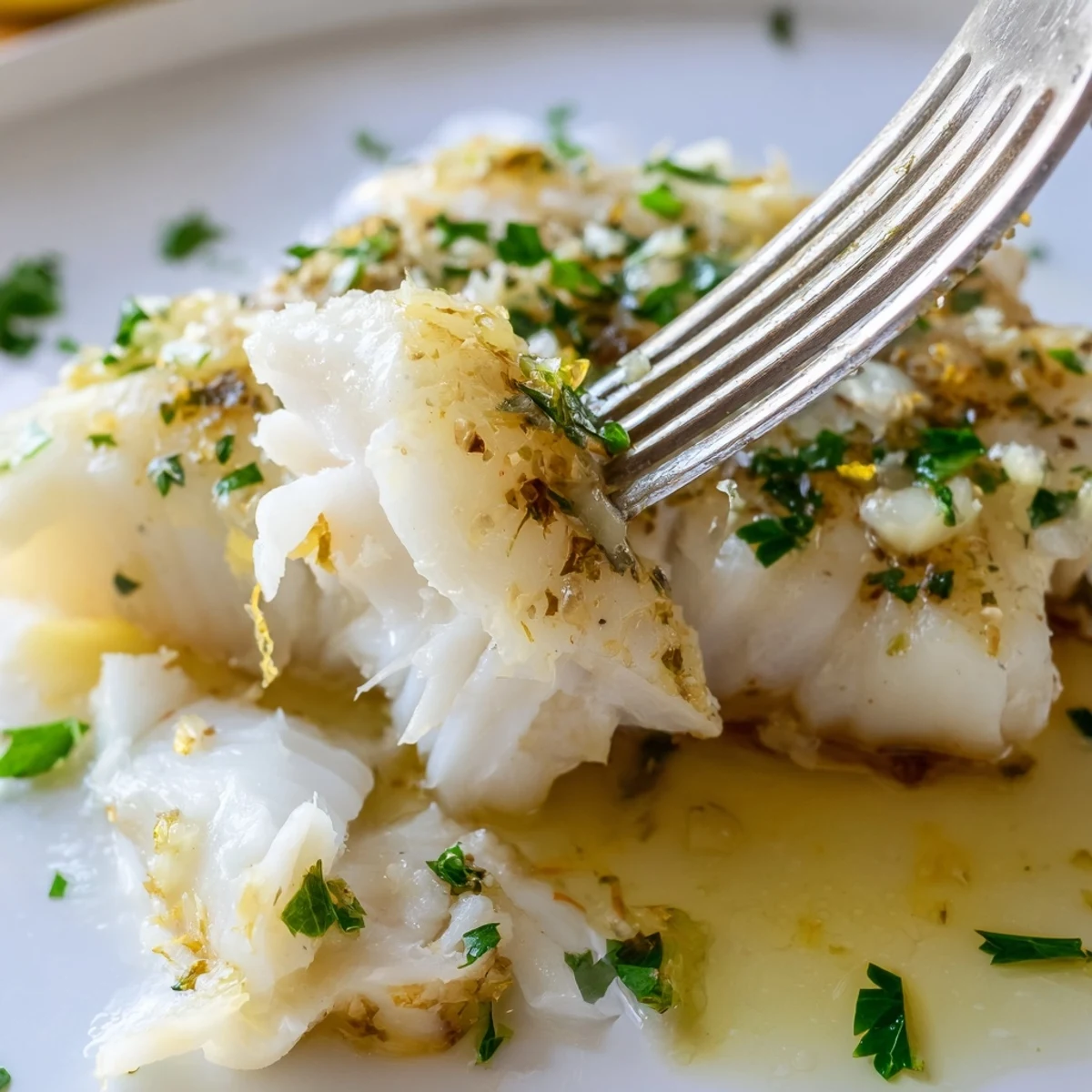 Golden baked cod fillets drizzled with zesty lemon garlic butter sauce and fresh parsley