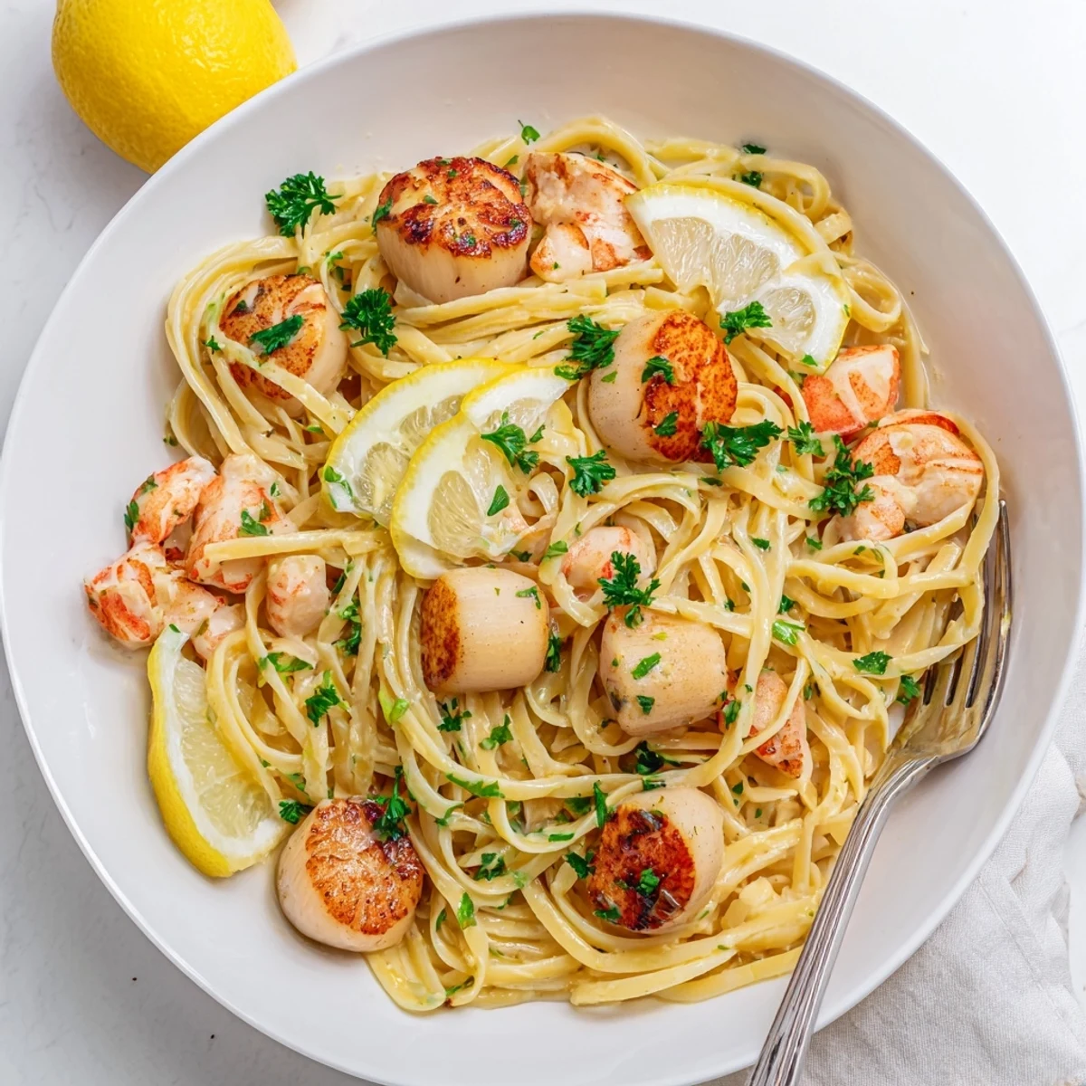 Golden lobster and scallop garlic butter linguine served in a white bowl with fresh parsley garnish