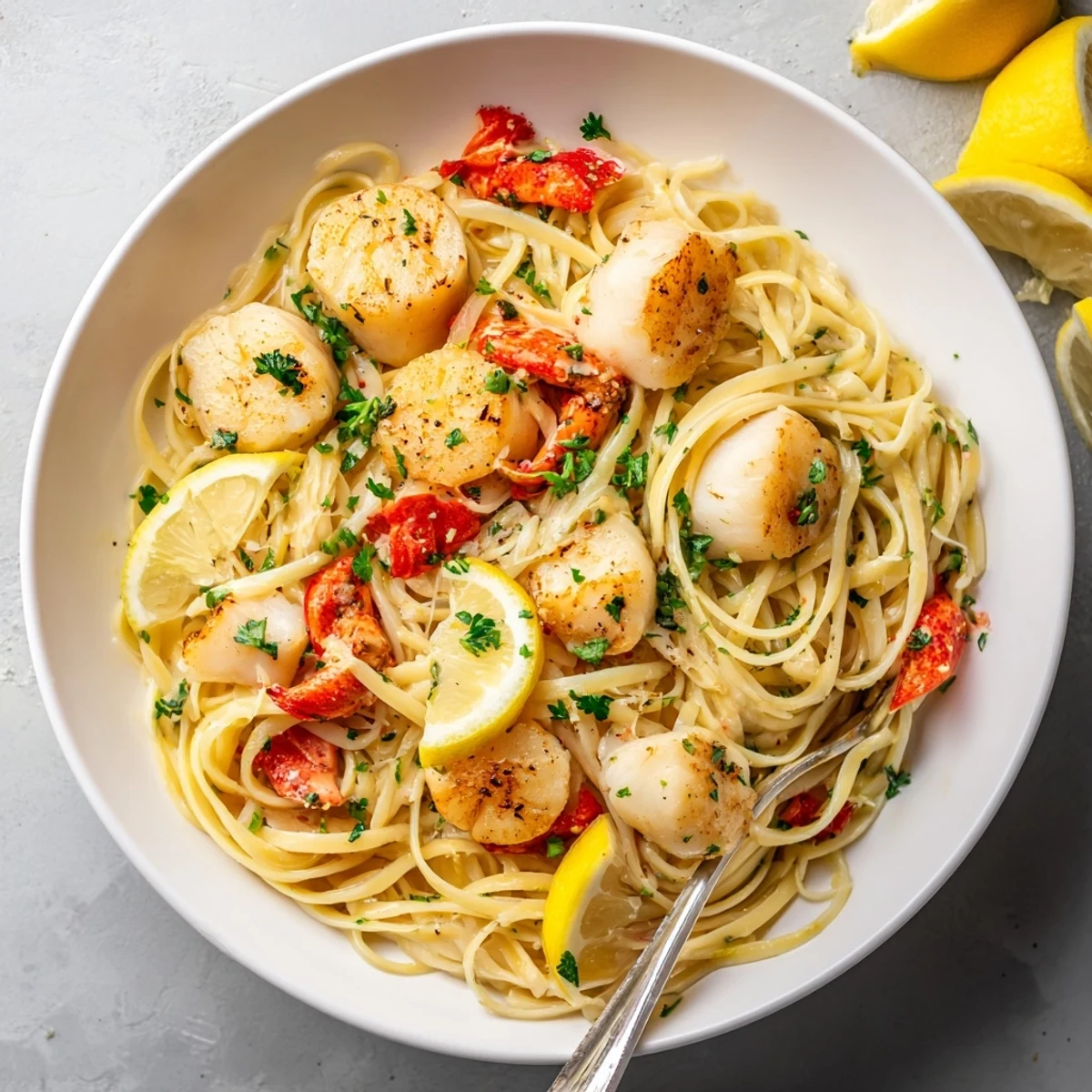 Luxurious seafood pasta dish featuring sweet scallops and succulent lobster coated in glossy garlic butter and herbs