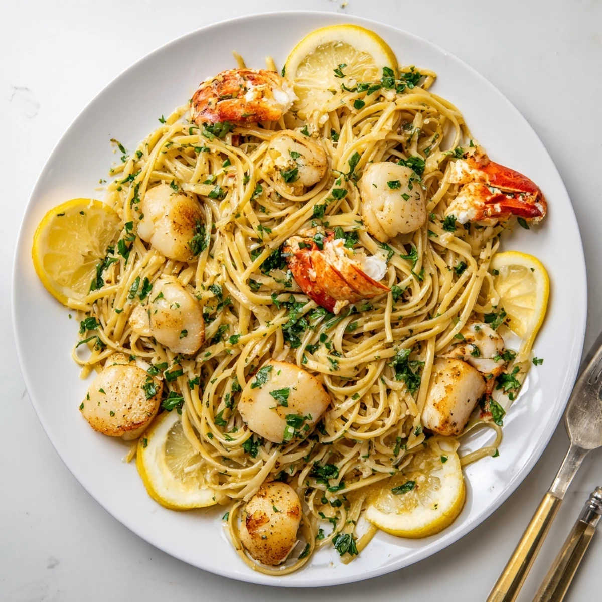 Tender lobster pieces and seared scallops tossed with al dente linguine in rich lemon garlic butter sauce