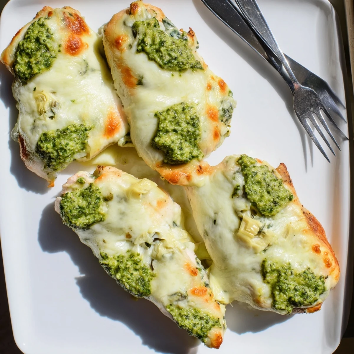 Golden brown Pesto Spinach Artichoke Chicken Bake bubbling with melted mozzarella cheese
