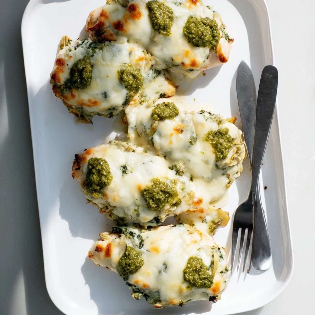 Creamy spinach artichoke topped chicken breasts fresh from the oven with pesto drizzle