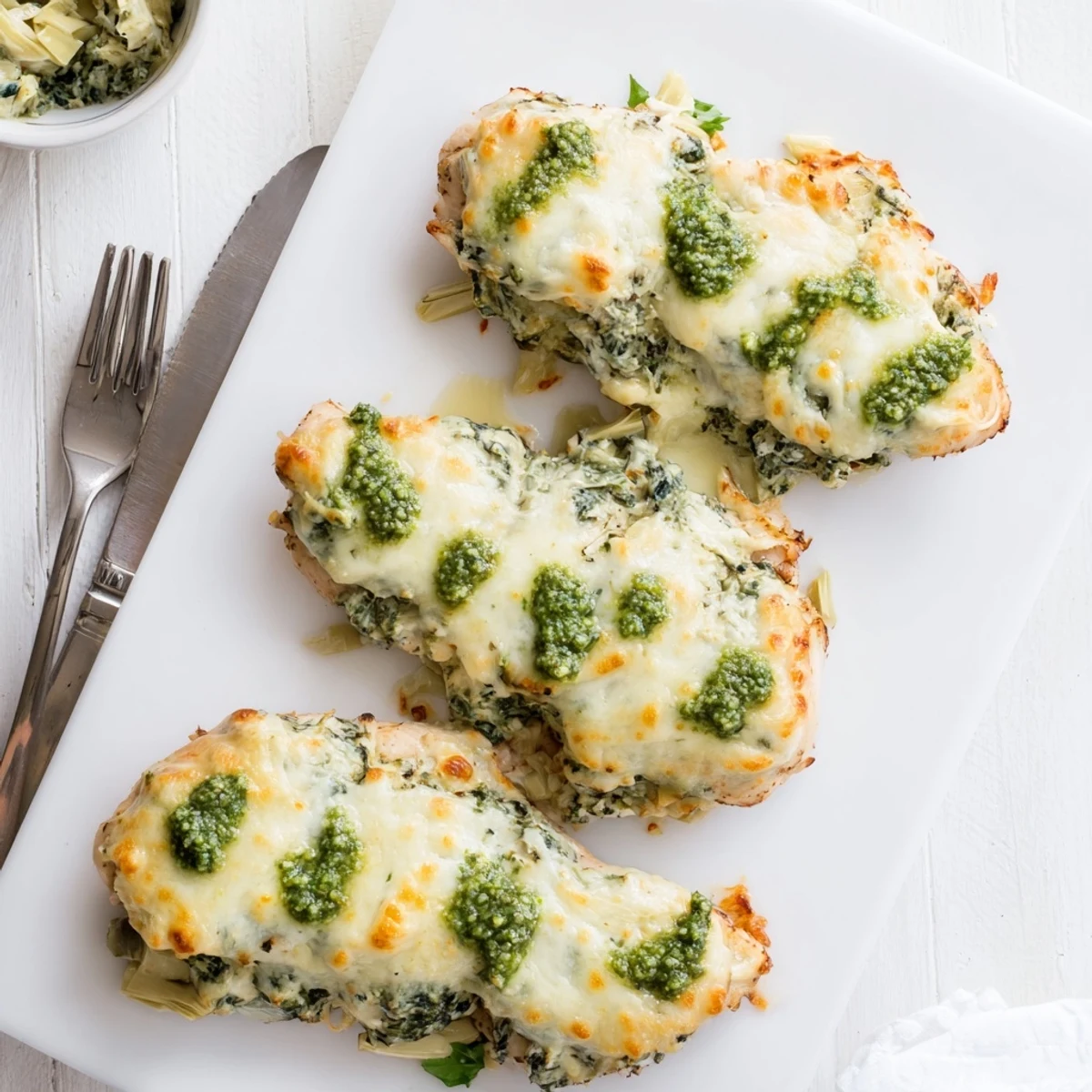 Baked chicken layered with vibrant pesto spinach artichoke mixture and gooey cheese topping