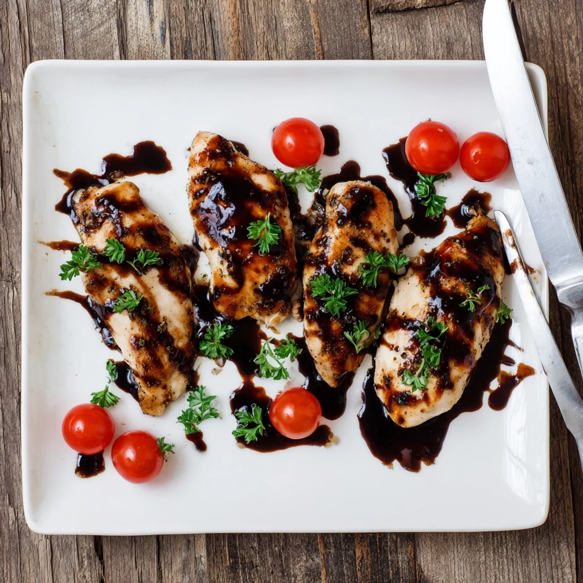 Golden brown balsamic baked chicken breast glistening with tangy caramelized glaze on a white plate